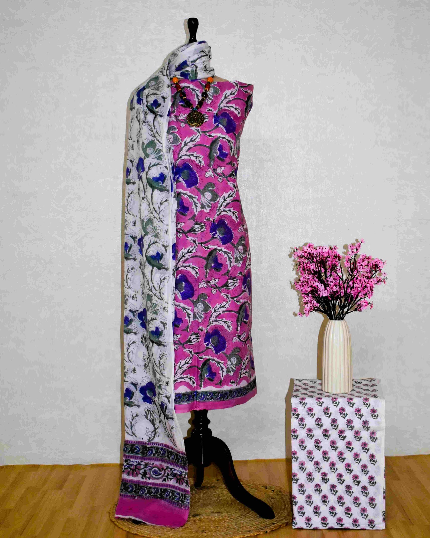 Dusty Rose All-over Floral Hand Block Printed Cotton Suit with Malmal Dupatta
