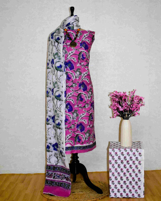 Dusty Rose All-over Floral Hand Block Printed Cotton Suit with Malmal Dupatta