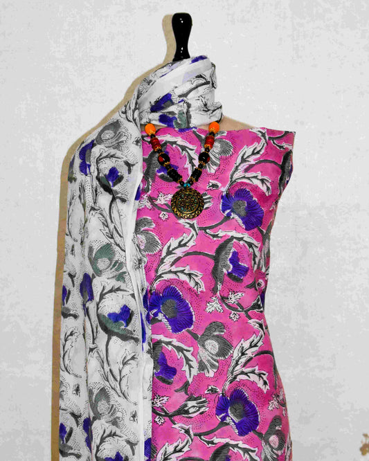 Dusty Rose All-over Floral Hand Block Printed Cotton Suit with Malmal Dupatta