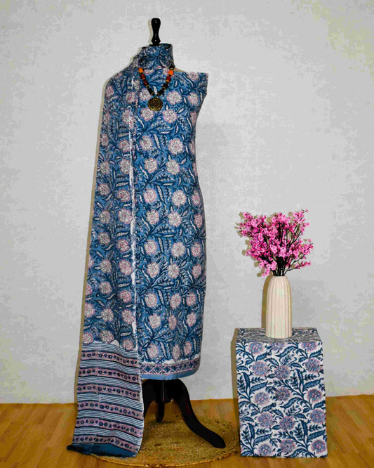 All-over Floral Hand Block Printed Cotton Suit with Malmal Dupatta