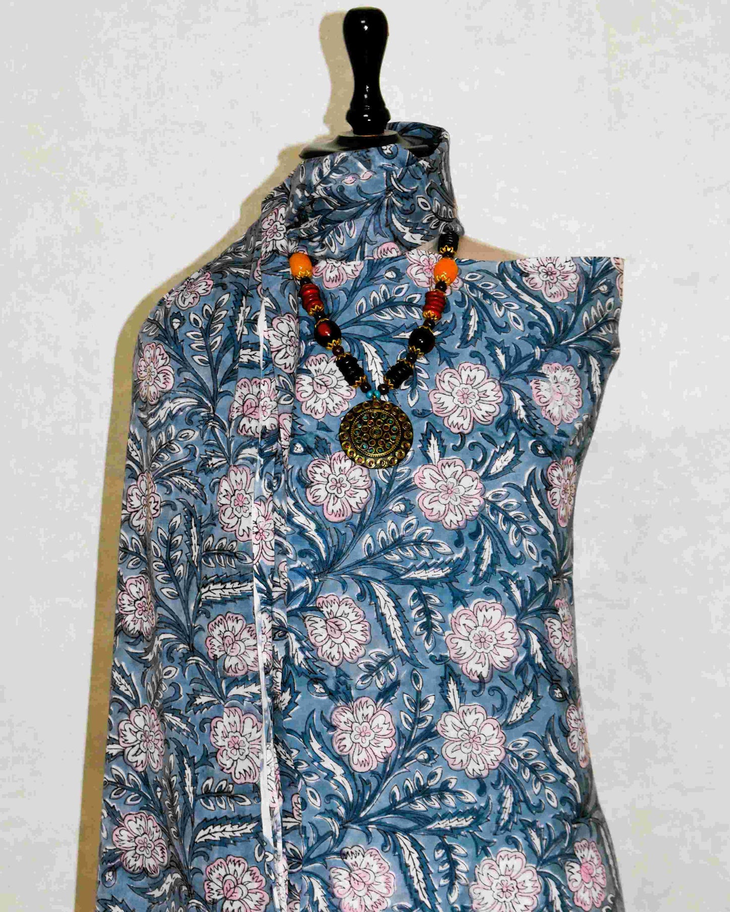 All-over Floral Hand Block Printed Cotton Suit with Malmal Dupatta