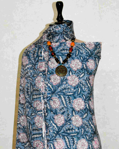 All-over Floral Hand Block Printed Cotton Suit with Malmal Dupatta
