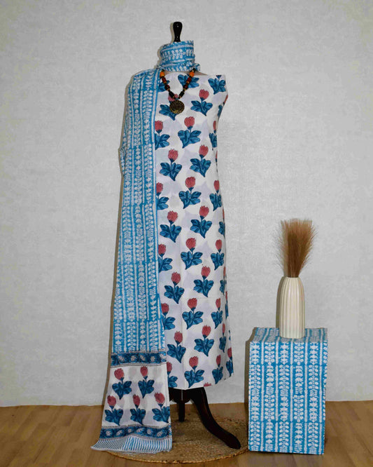 Blue Floral contemporary Hand Block Printed Cotton Suit with Malmal Dupatta