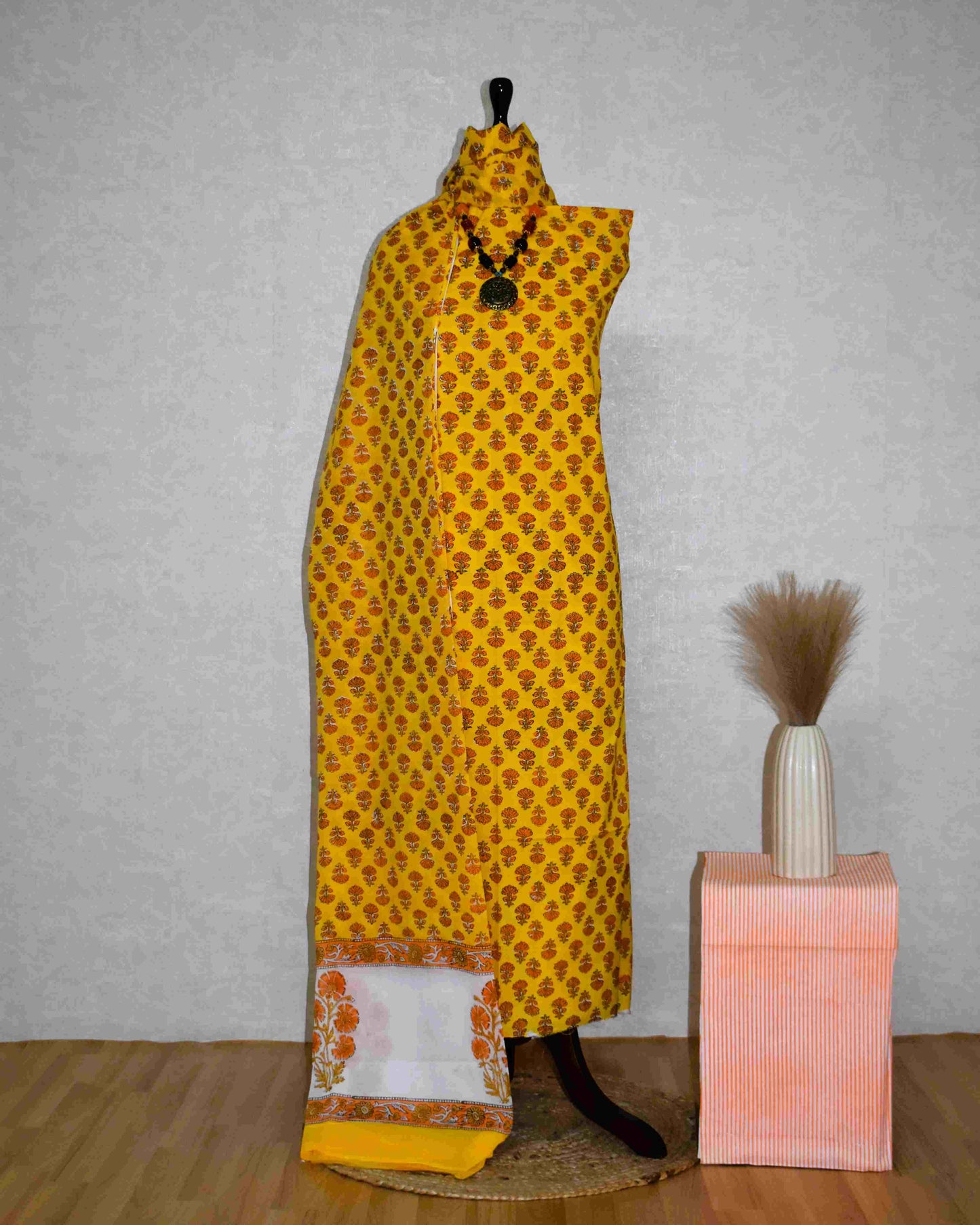 All-over Floral Buti in Marigold Yellow Hand Block Printed Cotton Suit with Malmal Dupatta