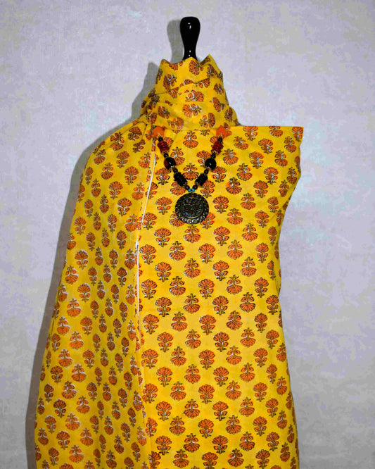 All-over Floral Buti in Marigold Yellow Hand Block Printed Cotton Suit with Malmal Dupatta