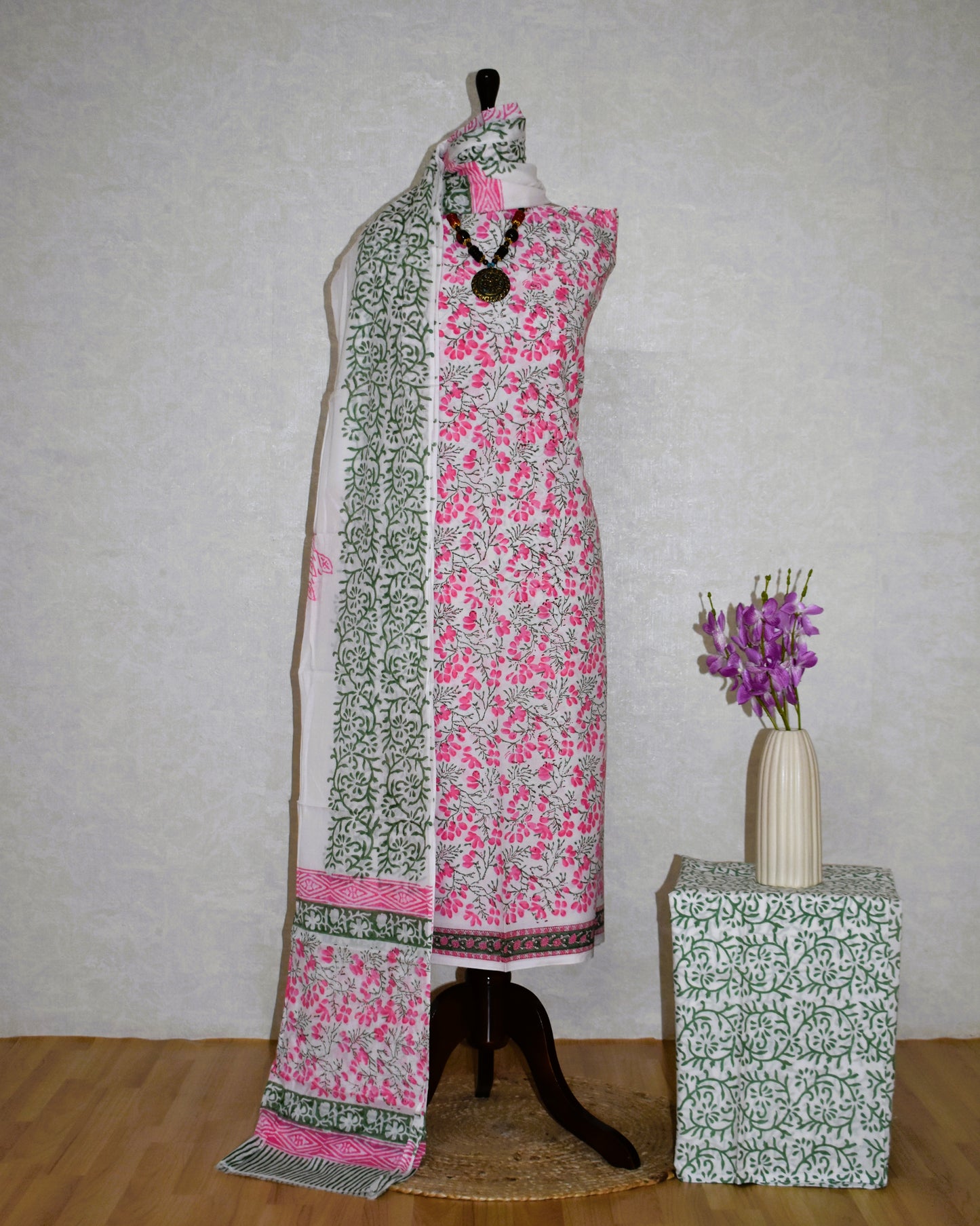 All-over Pink Floral Jaal Hand Block Printed Cotton Suit with Malmal Dupatta