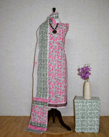 All-over Pink Floral Jaal Hand Block Printed Cotton Suit with Malmal Dupatta