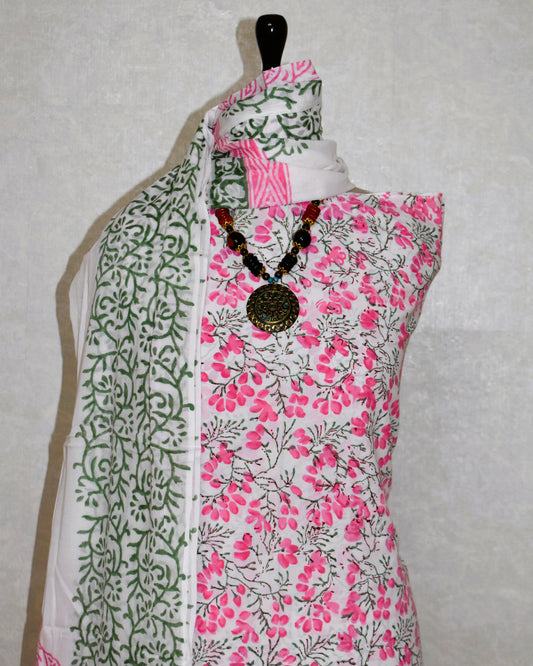 All-over Pink Floral Jaal Hand Block Printed Cotton Suit with Malmal Dupatta