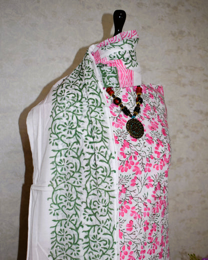 All-over Pink Floral Jaal Hand Block Printed Cotton Suit with Malmal Dupatta