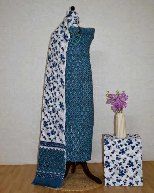 Blue All-over Floral Buti Hand Block Printed Cotton Suit with Malmal Dupatta