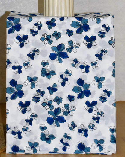 Blue All-over Floral Buti Hand Block Printed Cotton Suit with Malmal Dupatta