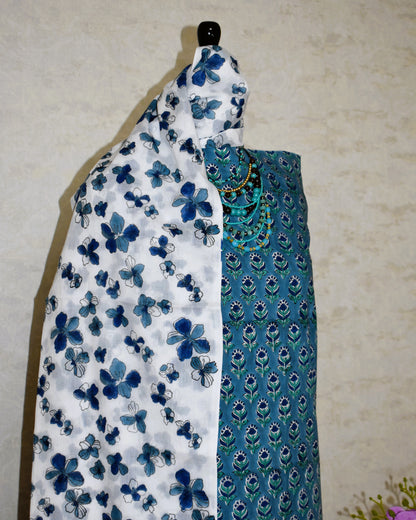 Blue All-over Floral Buti Hand Block Printed Cotton Suit with Malmal Dupatta