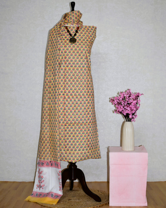 Sunlight Yellow Hand Block Printed Cotton Suit with Malmal Dupatta
