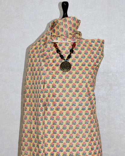 Sunlight Yellow Hand Block Printed Cotton Suit with Malmal Dupatta