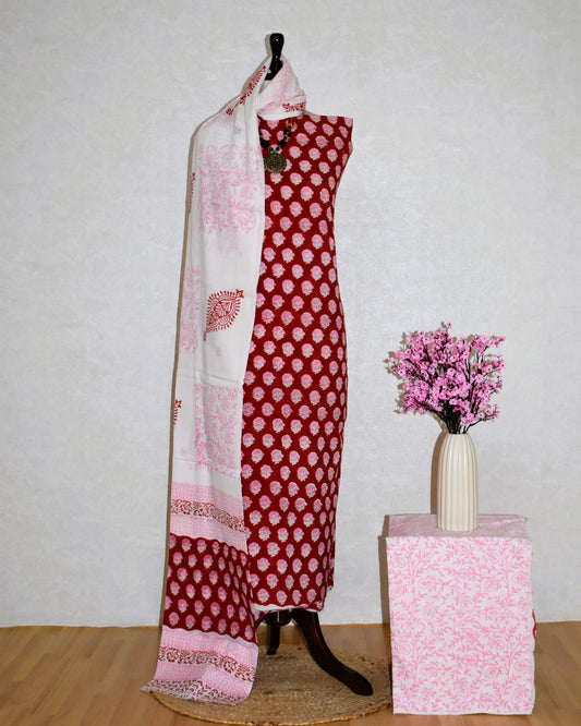 Hand Block Printed Cotton Suit with All-over Buti and Malmal Dupatta