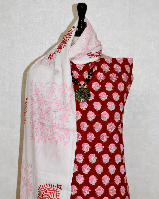 Hand Block Printed Cotton Suit with All-over Buti and Malmal Dupatta
