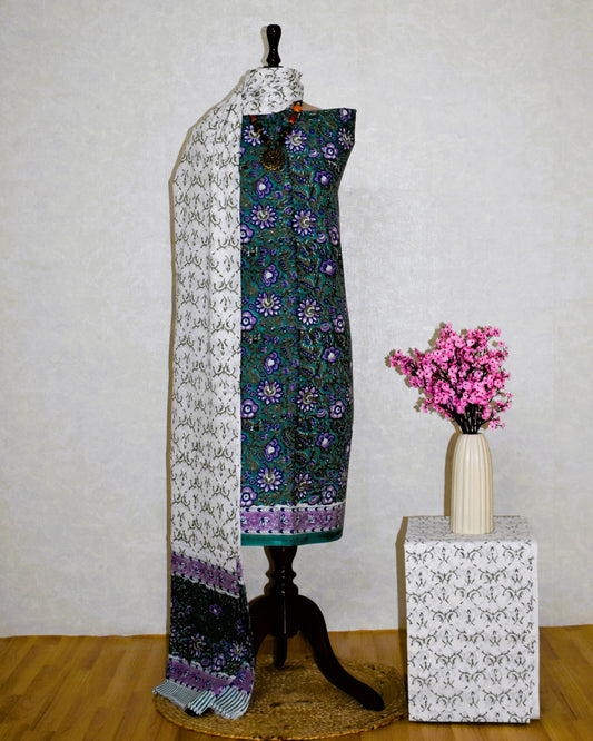 Hand Block Printed Cotton Suit with All-over Lavender Jaal design and Malmal Dupatta