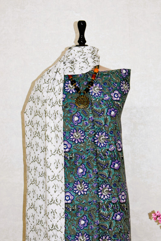 Hand Block Printed Cotton Suit with All-over Lavender Jaal design and Malmal Dupatta