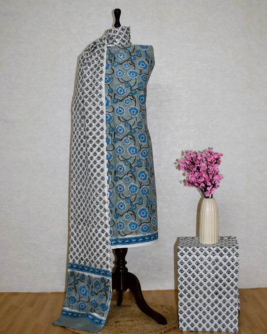 Hand Block Printed Cotton Suit with All-over Jaal Design and Malmal Dupatta