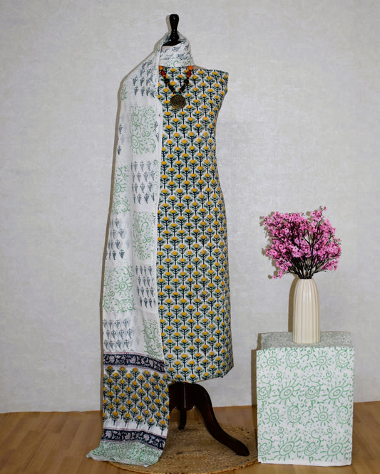 Hand Block Printed Cotton Suit with All-over Buti and Malmal Dupatta