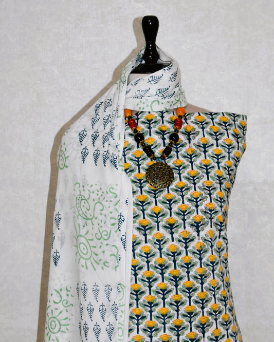 Hand Block Printed Cotton Suit with All-over Buti and Malmal Dupatta