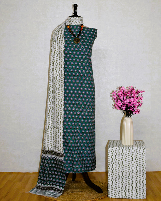 Hand Block Printed Cotton Suit with All-over Floral Buti and Malmal Dupatta