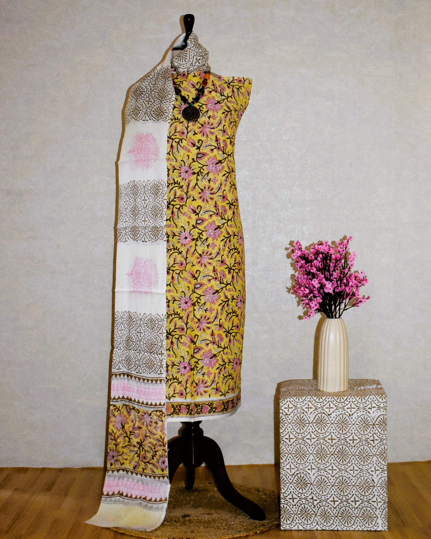 Hand Block Printed Cotton Suit with Sunlight yellow Floral Jaal and Malmal Dupatta