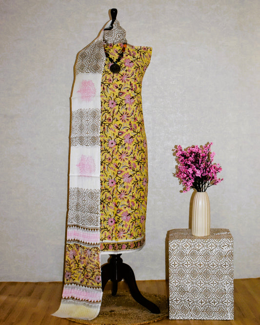 Hand Block Printed Cotton Suit with Sunlight yellow Floral Jaal and Malmal Dupatta