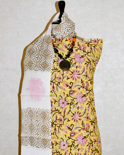 Hand Block Printed Cotton Suit with Sunlight yellow Floral Jaal and Malmal Dupatta