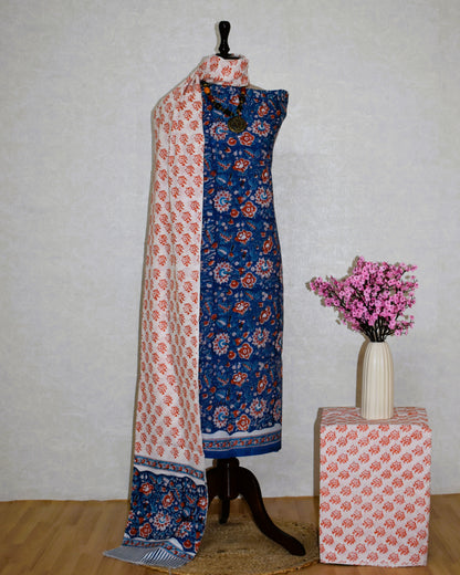 Midnight Blue All-over Jaal Hand Block Printed Cotton Suit With Malmal Dupatta