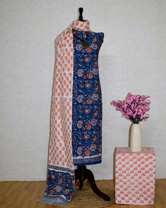 Midnight Blue All-over Jaal Hand Block Printed Cotton Suit With Malmal Dupatta