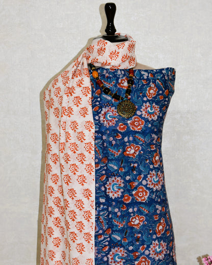 Midnight Blue All-over Jaal Hand Block Printed Cotton Suit With Malmal Dupatta
