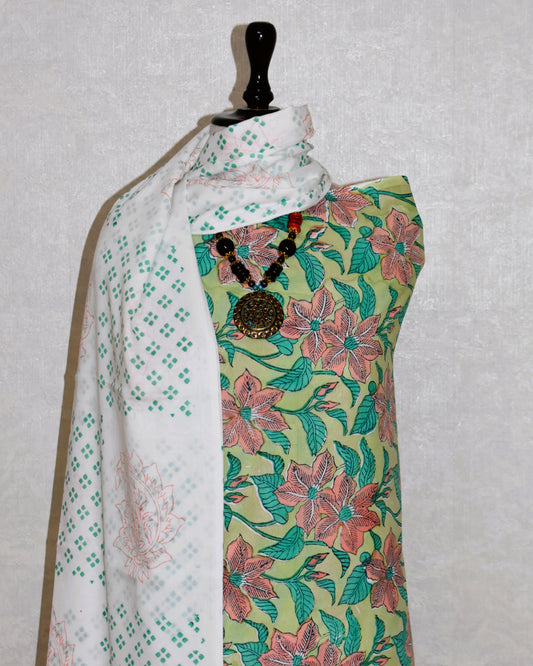 Hand Block Printed Cotton Suit with Malmal Dupatta