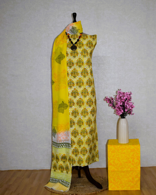 Hand Block Printed Cotton Suit with All-over Floral Buti and Malmal Dupatta