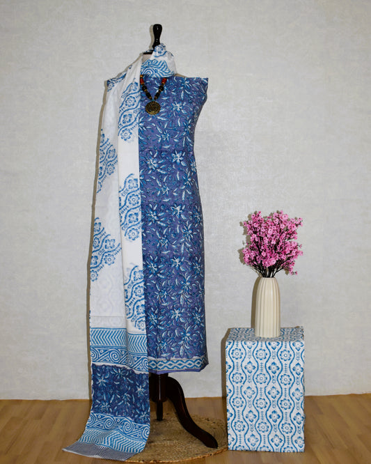 Petal Purple Hand Block Printed Cotton Suit with Malmal Dupatta