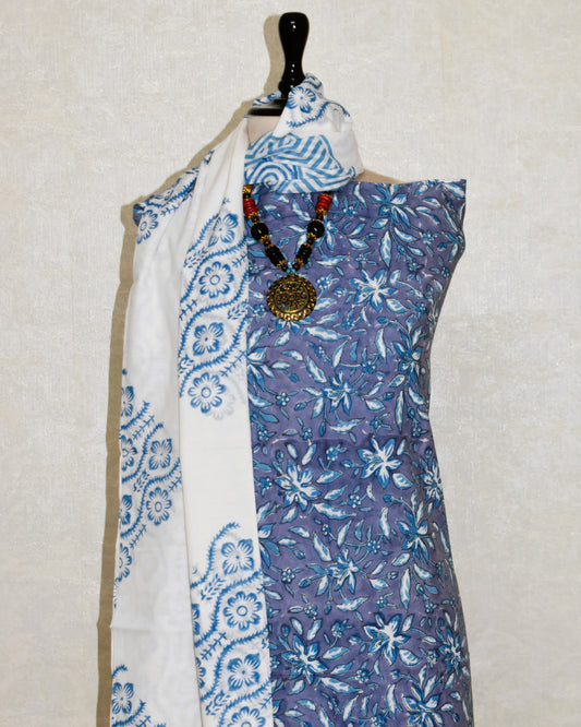 Petal Purple Hand Block Printed Cotton Suit with Malmal Dupatta