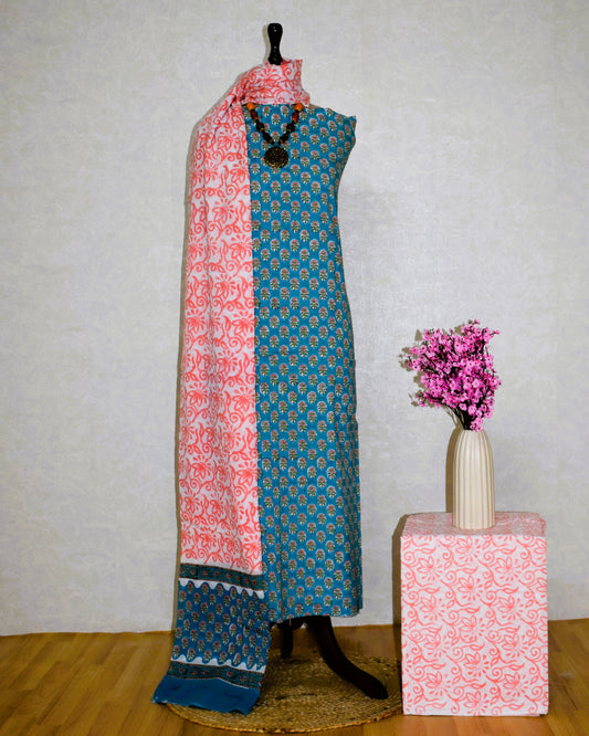Hand Block Printed Cotton Suit with All-over Floral Buti and Malmal Dupatta