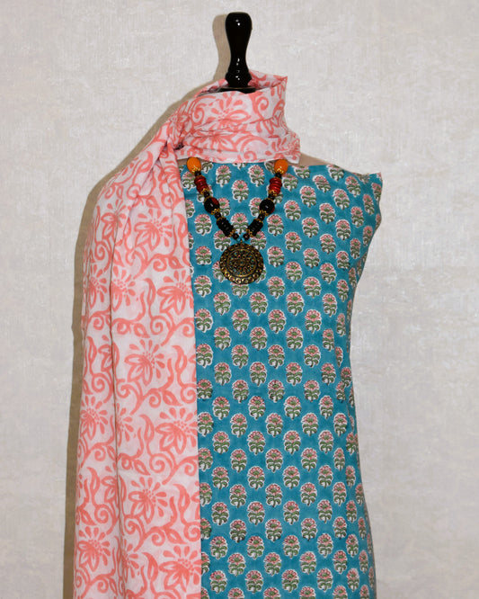 Hand Block Printed Cotton Suit with All-over Floral Buti and Malmal Dupatta