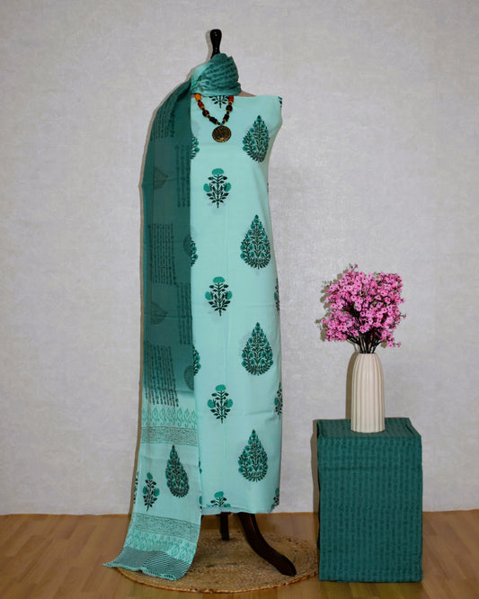 Hand Block Printed Cotton Suit with Mint Green Floral Buti and Malmal Dupatta