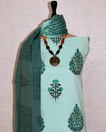 Hand Block Printed Cotton Suit with Mint Green Floral Buti and Malmal Dupatta