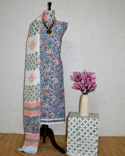 All-over Jaal Hand Block Printed Cotton Suit With Malmal Dupatta