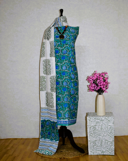 All-over Hand Block Printed Cotton Suit With Malmal Dupatta