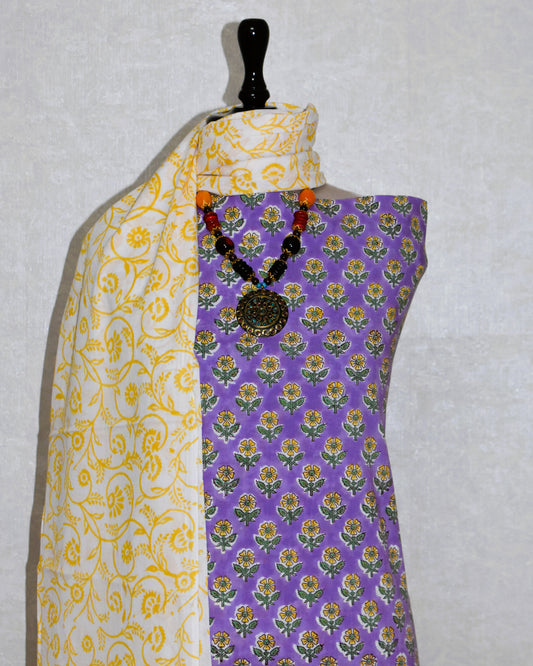 Lilac Small Floral Buti Hand Block Printed Cotton Suit With Malmal Dupatta