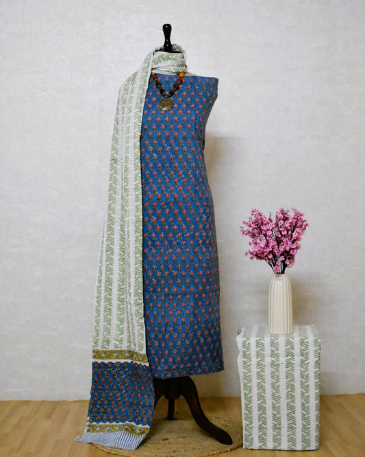 Small Floral Buti Hand Block Printed Cotton Suit With Malmal Dupatta