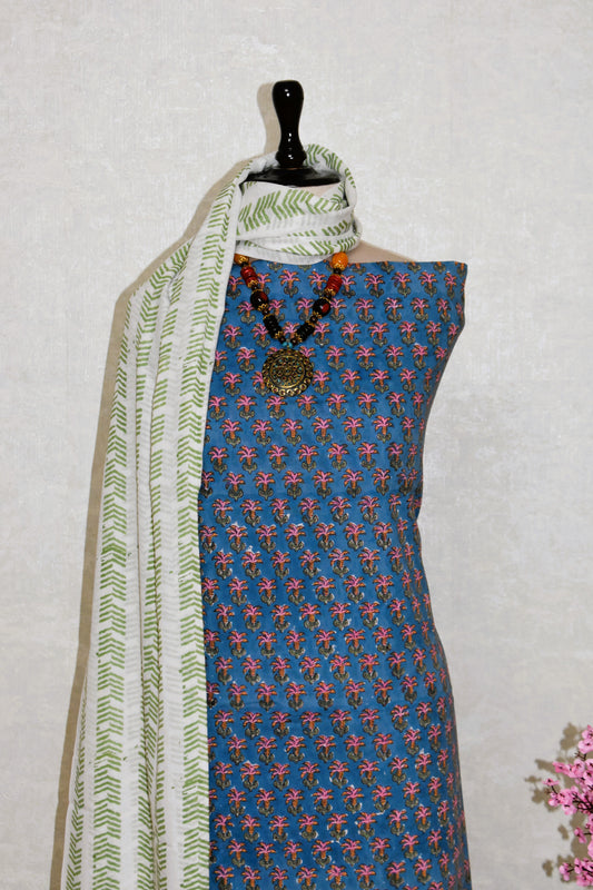 Small Floral Buti Hand Block Printed Cotton Suit With Malmal Dupatta
