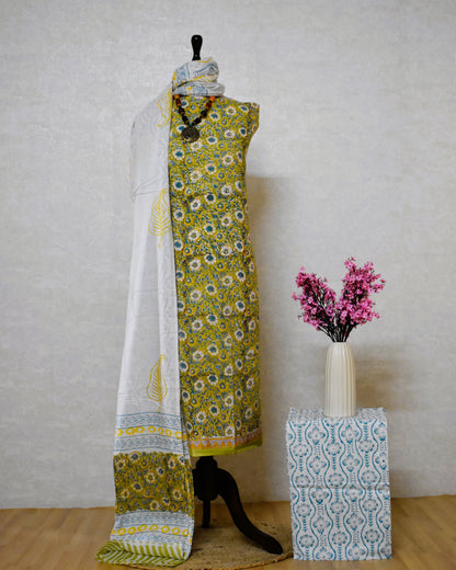 All-over Hand Block Printed Cotton Suit With Malmal Dupatta