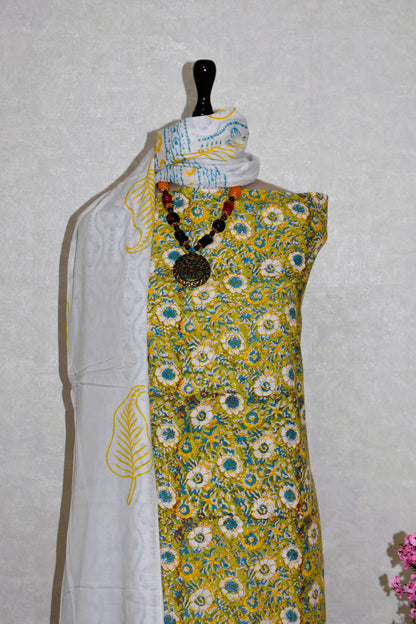 All-over Hand Block Printed Cotton Suit With Malmal Dupatta