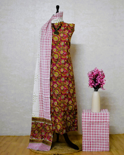 Dusky Pink All-over Hand Block Printed Cotton Suit With Malmal Dupatta