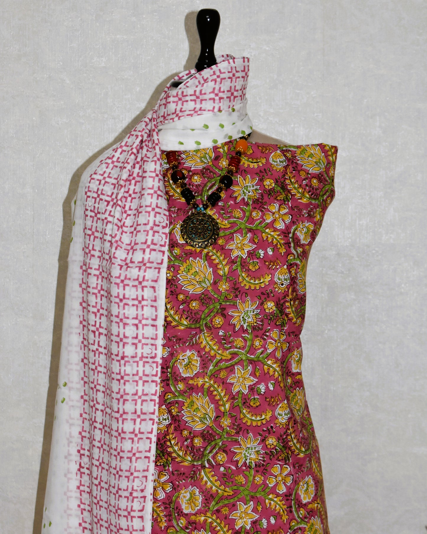 Dusky Pink All-over Hand Block Printed Cotton Suit With Malmal Dupatta