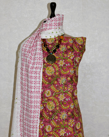 Dusky Pink All-over Hand Block Printed Cotton Suit With Malmal Dupatta